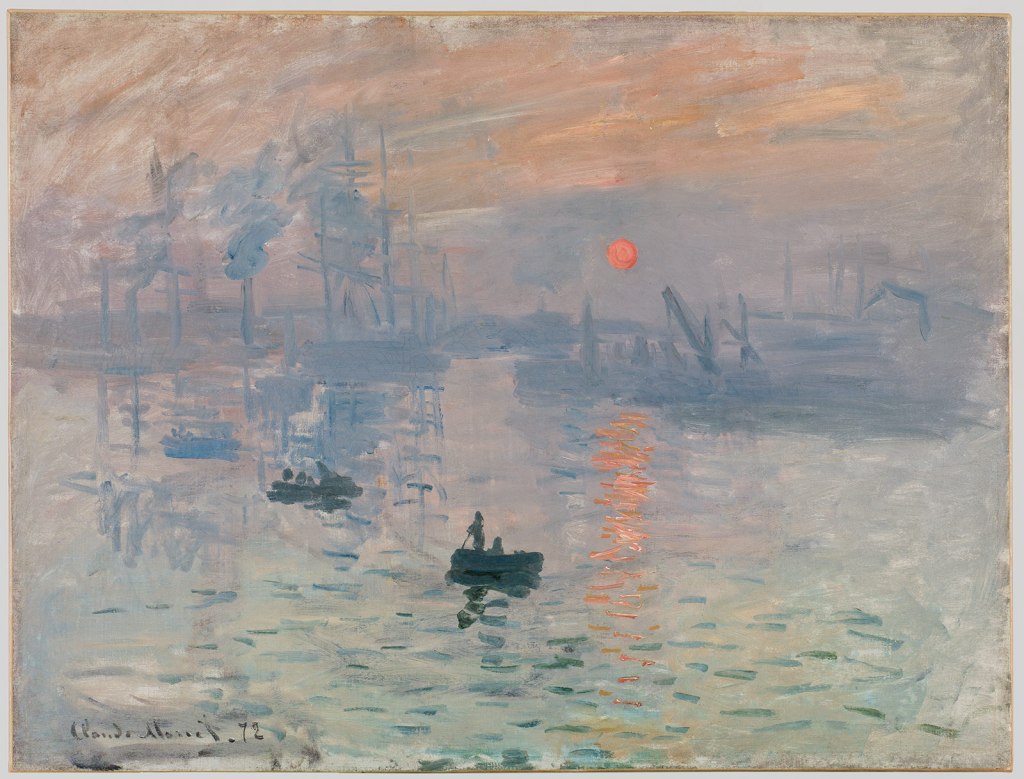 Impression de soleil levant, Claude Monet : un port dans une sorte de boruillard, deux barques devant, dans des tons de bleu-gris pâle et rosé